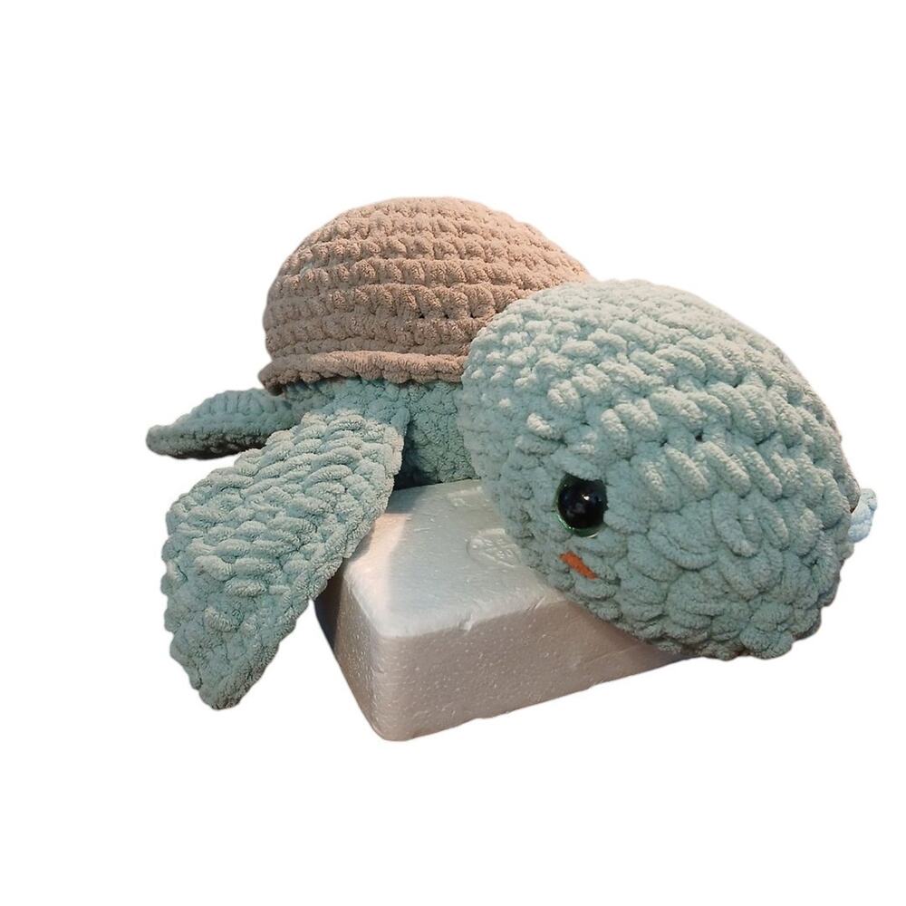 Sea Turtle Toy‎ Green Gray Handmade Tight Knit Plush Stuffed Animal 17"L READ
